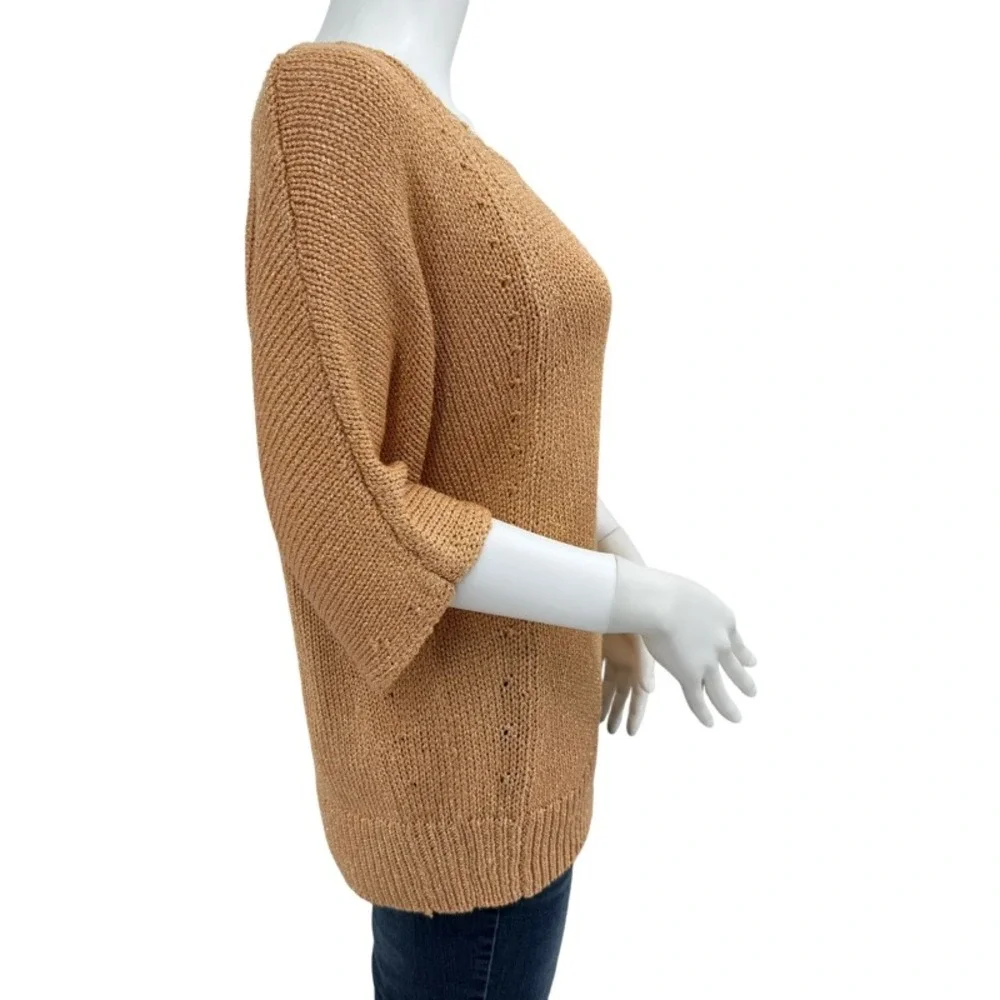 CHICOS Size Large Short Sleeve Sweater Peach Metallic Knit Pointelle Easter Wear